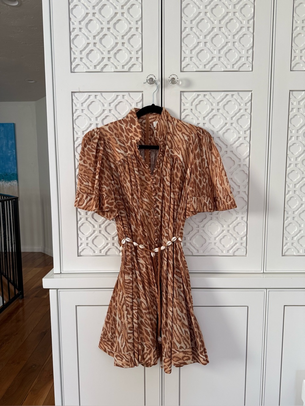 Zimmermann Brown Animal-Print Mini Dress with Shell-Bead Belt